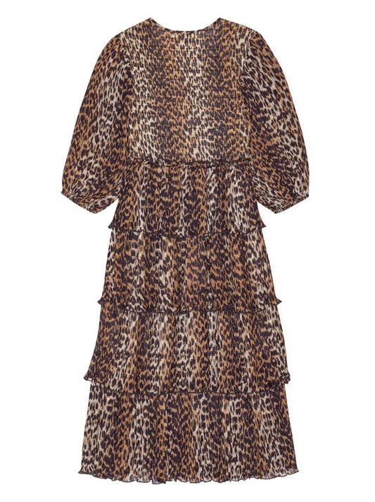 Ganni Leopard Pleated Georgette Flounce Smock Midi Dress