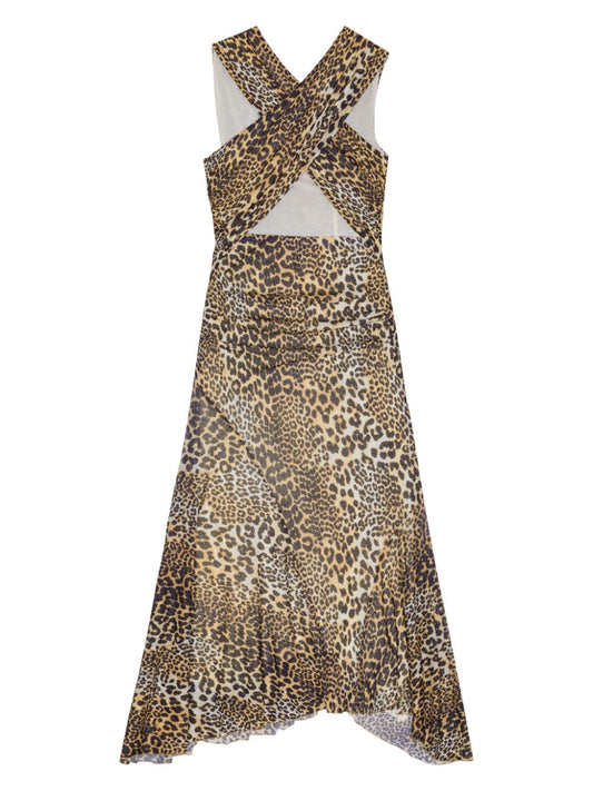 Ganni Leopard Marl Mesh Long Ruched Crossover Dress