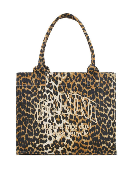 Ganni Leopard-print canvas tote bag