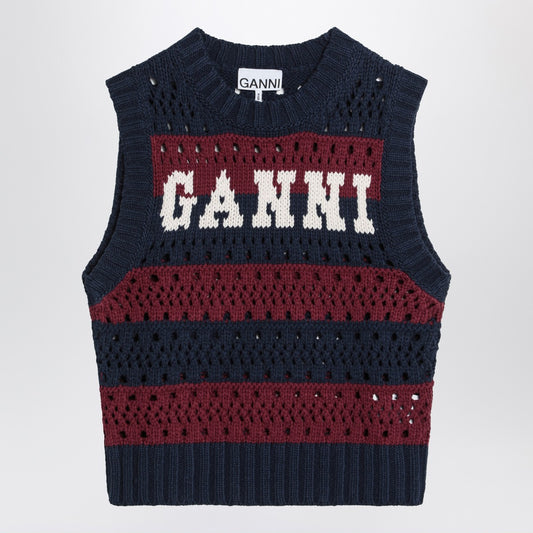 GANNI Striped openwork vest with logo inlay