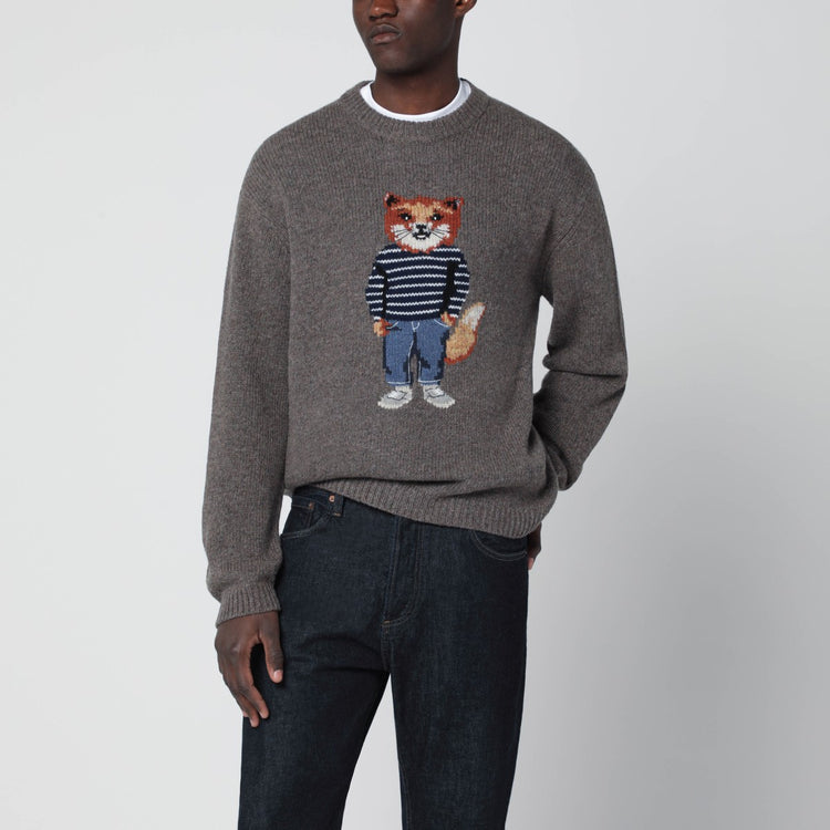 Maison Kitsuné Grey mélange sweater with Dressed Fox intarsia