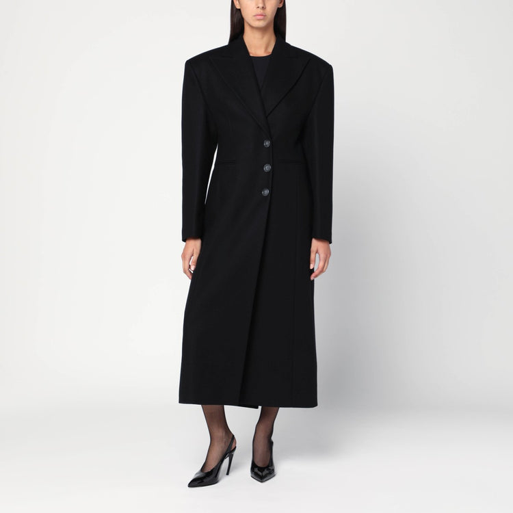THE ANDAMANE Black long single-breasted coat in wool